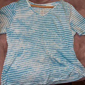 Ladies Terra & Sky Blue Striped Cloud V-Neck T-Shirt Size 1X
